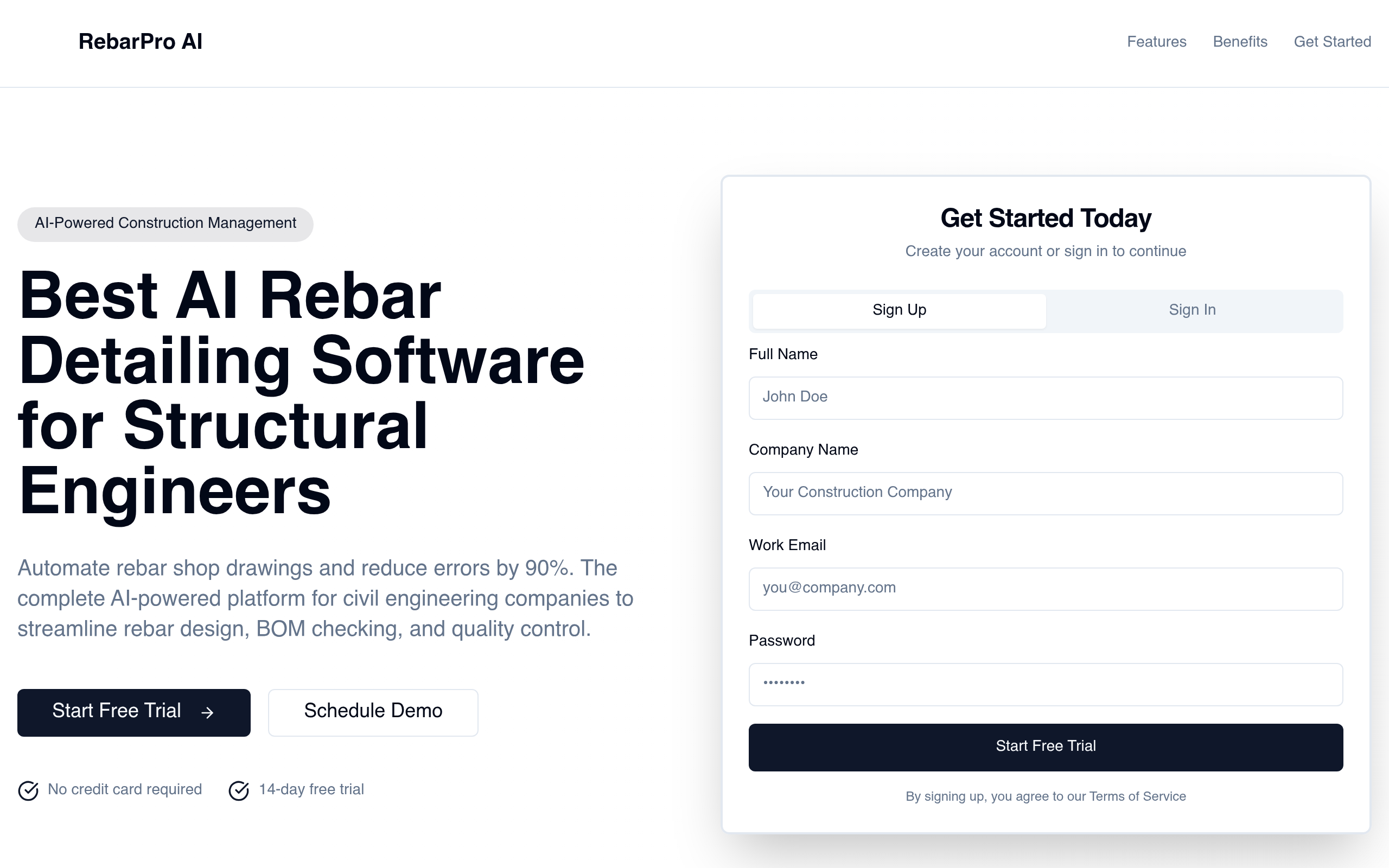 RebarPro AI homepage screenshot